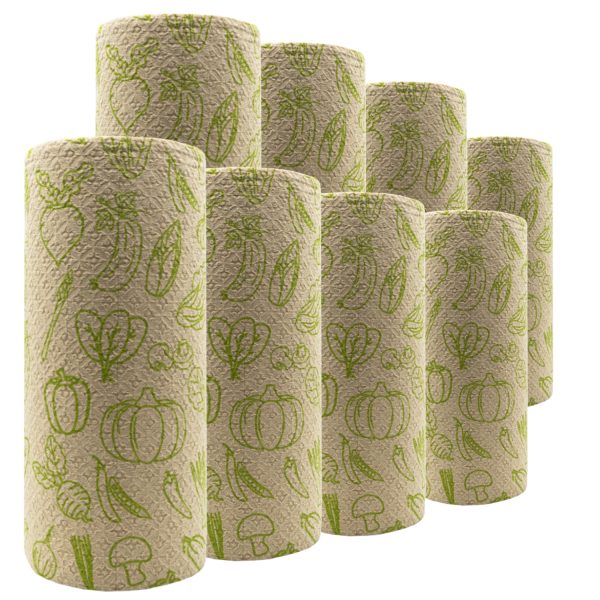 Vegetables Print Bamboo Paper Towels - 8 Rolls, 2 Ply - Plastic Free, Disposable Kitchen Paper Towels Tree Free, Compostable, Strong & Absorbent, No Dyes - Image 2