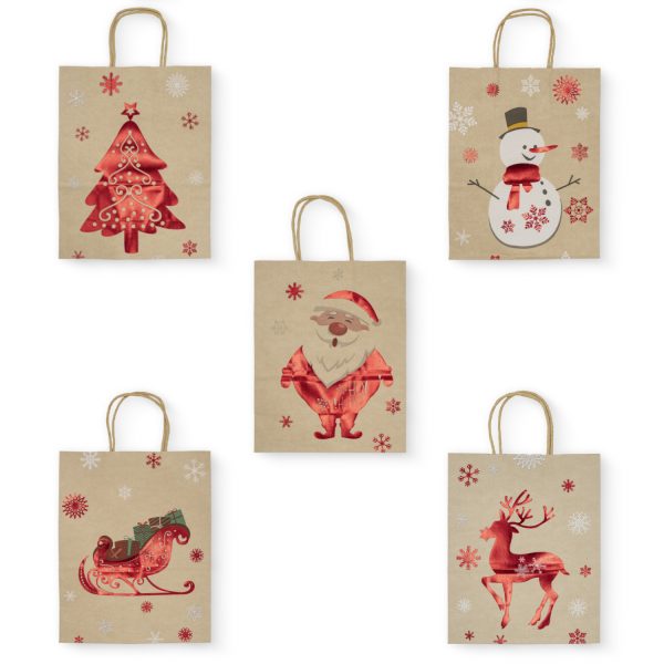 5 Pcs Medium Size 10"x8" inches Christmas Gift Paper Bags Bulk with Handles, Reusable Assorted Sizes Xmas Holiday Gift Bags for Presents